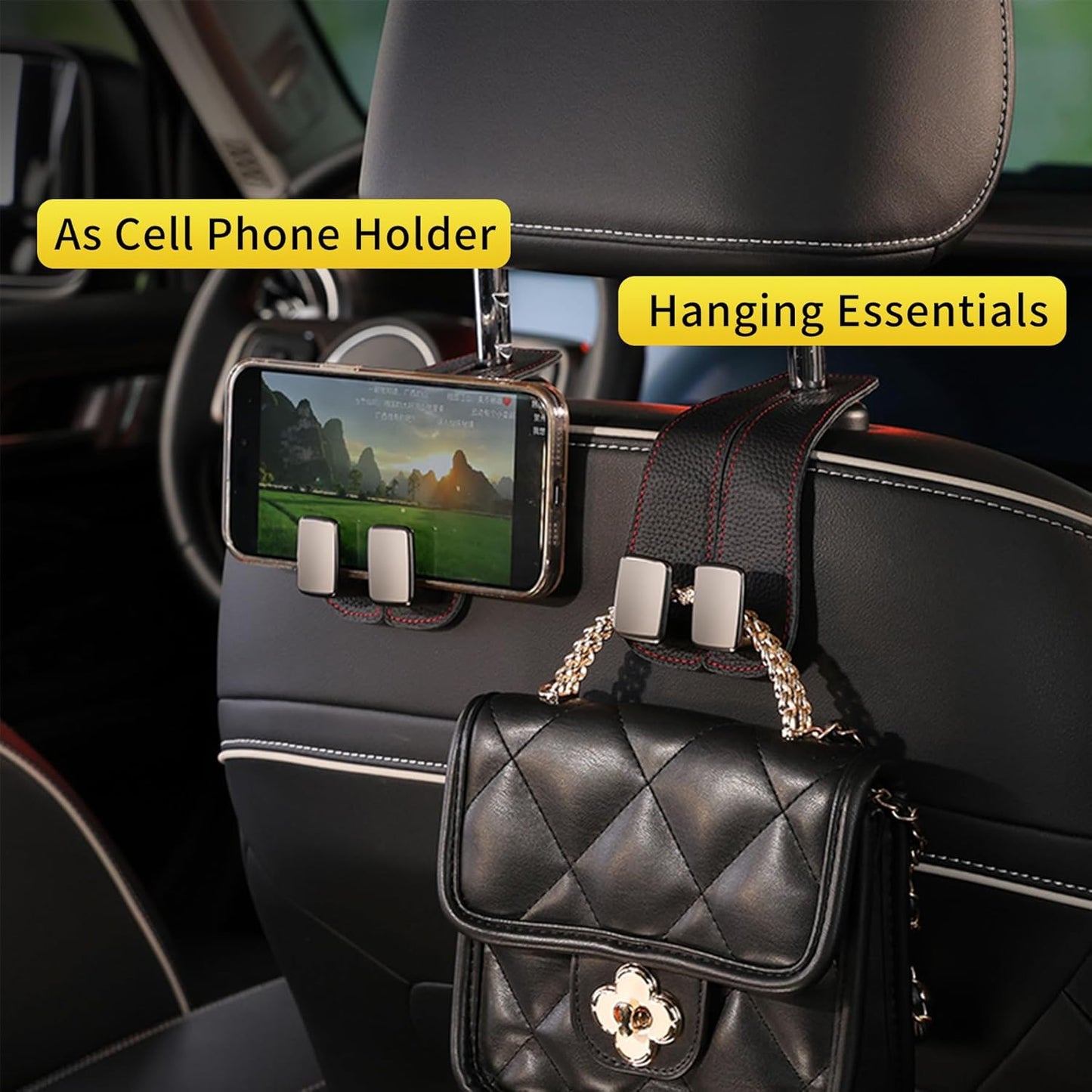 Leather Car Seat Headrest  Hooks – Set of 3