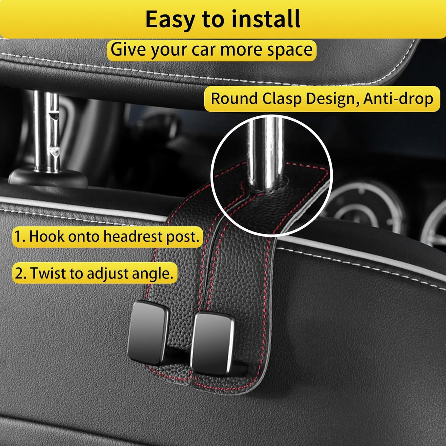 Leather Car Seat Headrest  Hooks – Set of 3