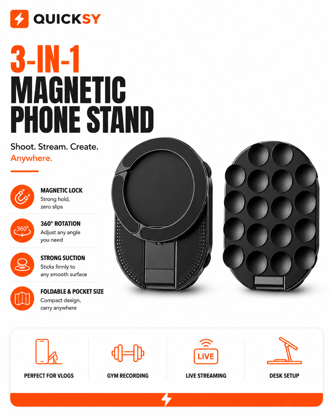 3-in-1 Phone Stand | Suction Cup + Magnetic | MagSafe, 360° Rotatable